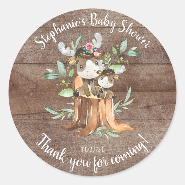 Adorable Mom & Baby Moose Baby Shower Favor Classic Round Sticker (Front)