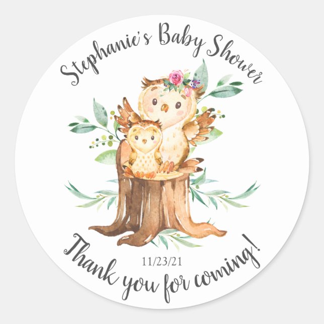 Adorable Mom & Baby Owl Baby Shower Favor Classic Round Sticker (Front)
