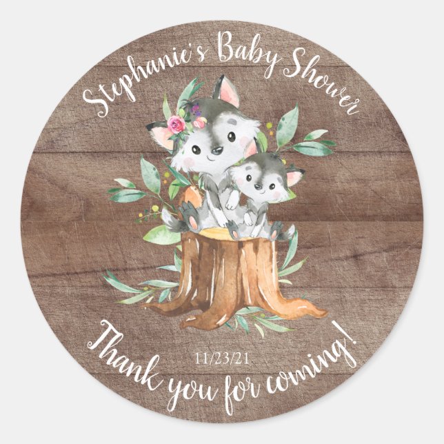 Adorable Mom & Baby Wolf Baby Shower Favor Classic Round Sticker (Front)