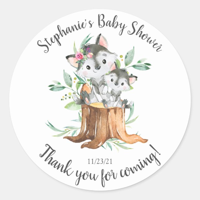Adorable Mom & Baby Wolf Baby Shower Favor Classic Round Sticker (Front)