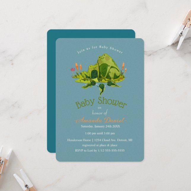 Adorable Mommy Frog and Baby Frogs Baby Shower  Invitation (Front/Back In Situ)