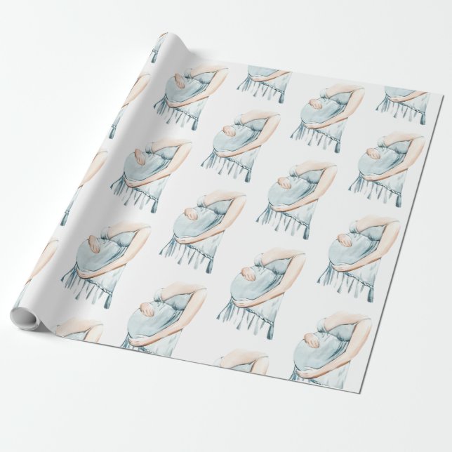 Adorable Mommy-to-Be Baby Blue Boy Shower Wrapping Paper (Unrolled)