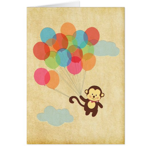 Adorable Monkey Flying Away with Balloons Cards (Front)