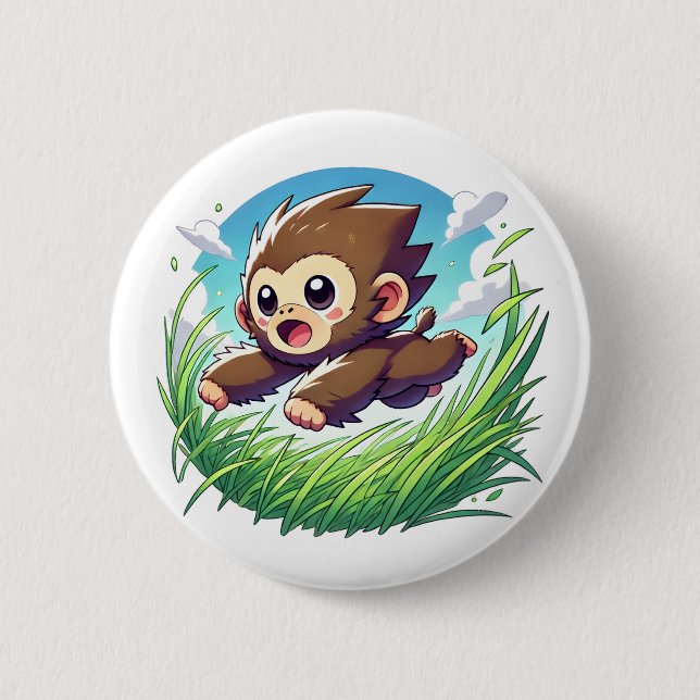 Adorable monkey leaping through a field button (Front)
