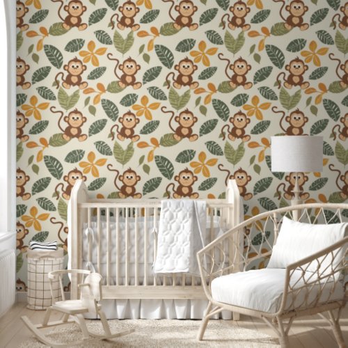 Adorable Monkey Tropical Leaf Baby Nursery Wallpaper