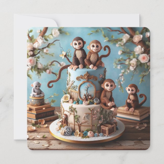 ADORABLE MONKEYS KIDS BIRTHDAY CAKE CARD (Front)