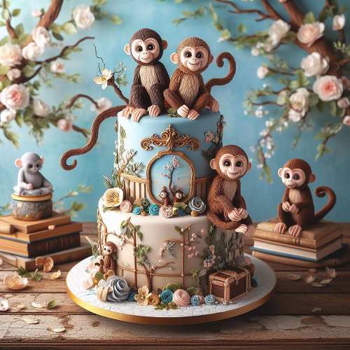 ADORABLE MONKEYS KIDS BIRTHDAY CAKE CARD