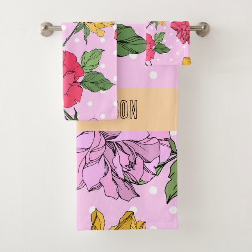 Adorable monogram retro style Flowers Purple Bath Towel Set