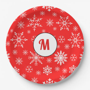 Adorable monogrammed snowflakes pattern red cute paper plates