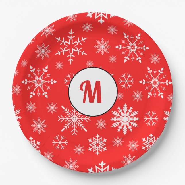 Adorable monogrammed snowflakes pattern red cute paper plates (Front)