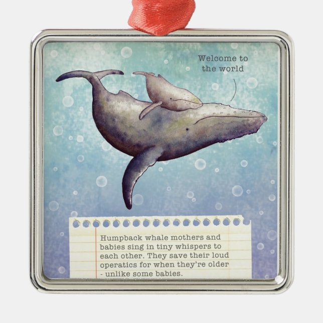 Adorable mother and baby whale. New baby card. Metal Ornament (Front)
