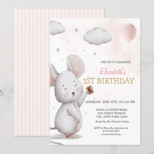 Adorable Mouse Balloon Striped Birthday Invitation