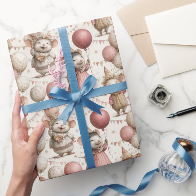 Adorable Mouse Birthday Pattern, Pink & Beige Wrapping Paper (Gifting)