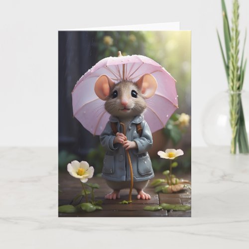 Adorable Mouse Daisy Flowers Illustration Blank Card