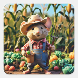Adorable Mouse Farmer in Garden Sticker