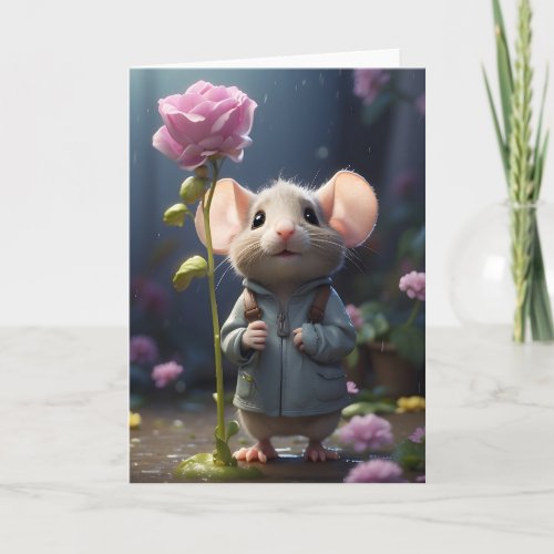 Adorable Mouse Flower Illustration Blank Greeting  Card
