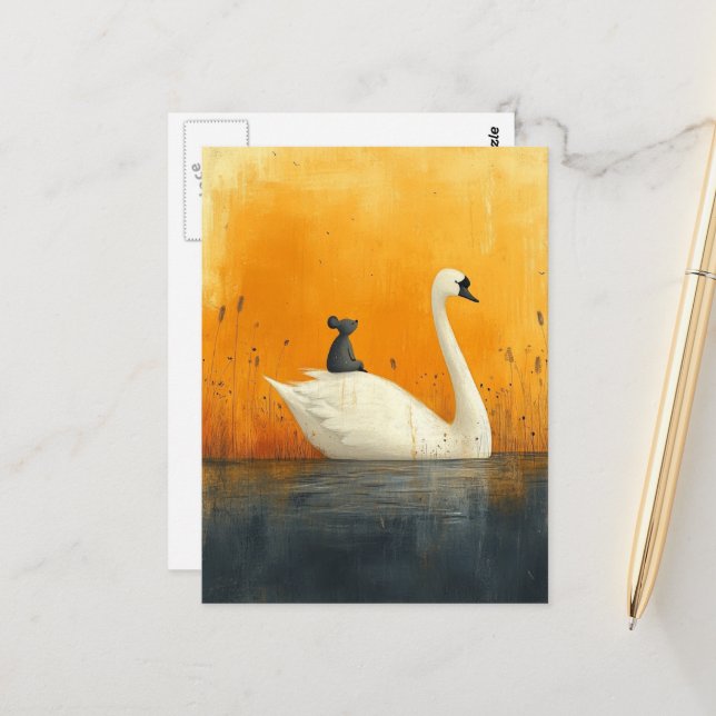 Adorable Mouse Hitches a Ride on a Swan Postcard (Front/Back In Situ)