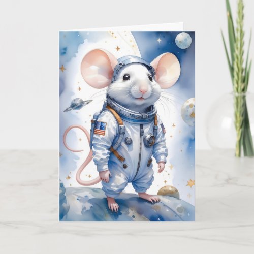 Adorable Mouse in Astronaut Suit in Outer Space Card