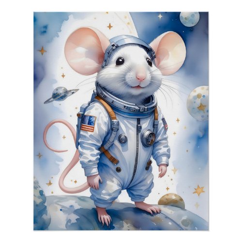 Adorable Mouse in Astronaut Suit in Outer Space Poster