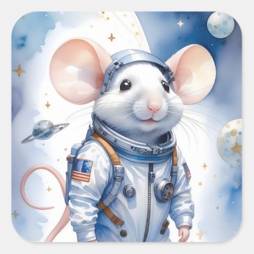 Adorable Mouse in Astronaut Suit in Outer Space Square Sticker