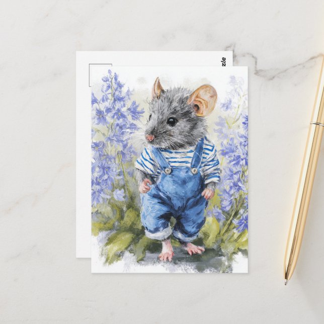 Adorable Mouse in Denim in the Flowers Postcard (Front/Back In Situ)