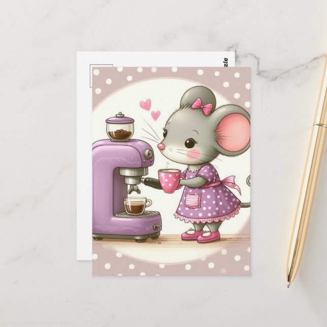 Adorable Mouse in Purple Dress Making Coffee Postcard (Front/Back In Situ)