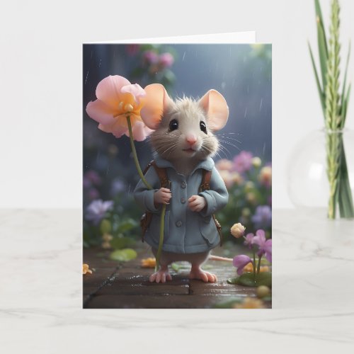 Adorable Mouse Large Flower Illustration Blank Card