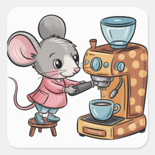Adorable Mouse Making Coffee Square Sticker