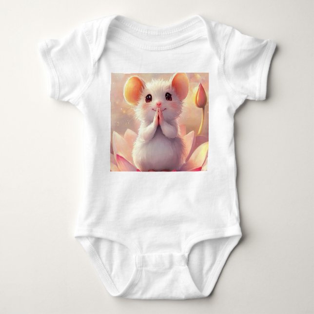 Adorable Mouse on Lotus - Baby Bodysuit (Front)