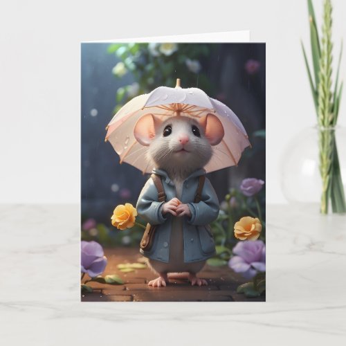 Adorable Mouse Purple Flowers Illustration Blank Card