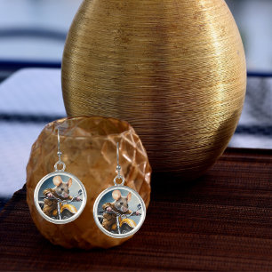 Adorable Mouse Riding a Motorcycle Silver Round Earrings