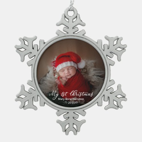 Adorable My First Christmas Newborn Baby Photo Snowflake Pewter Christmas Ornament