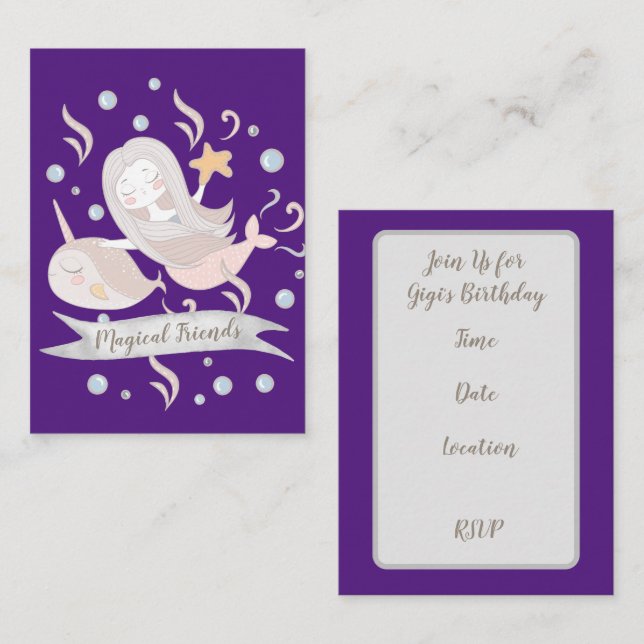 Adorable Narwhal and Mermaid Pastels Personalized Note Card (Front/Back)