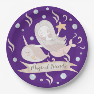 Adorable Narwhal and Mermaid Pastels Personalized Paper Plates