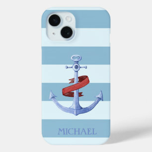 Adorable Nautical Anchor Light Blue Stripes iPhone 15 Case