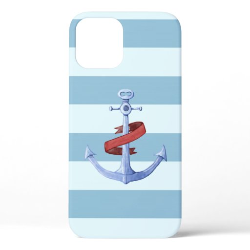 Adorable Nautical Anchor Light Blue  Stripes iPhone 12 Case