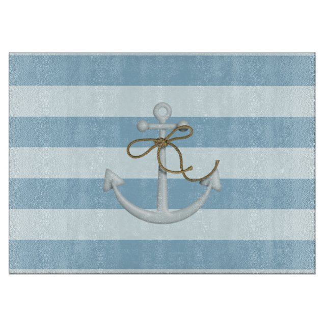 Adorable Nautical Anchor on Light Blue  Stripes Cutting Board (Front)