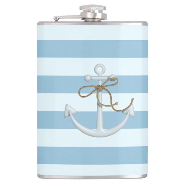 Adorable Nautical Anchor on Light Blue  Stripes Flask (Front)