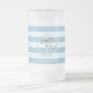 Adorable Nautical Anchor on Light Blue  Stripes Frosted Glass Beer Mug