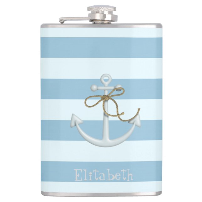 Adorable Nautical Anchor on Light Blue  Stripes Hip Flask (Front)