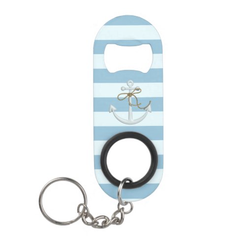 Adorable Nautical Anchor on Light Blue  Stripes Keychain Bottle Opener