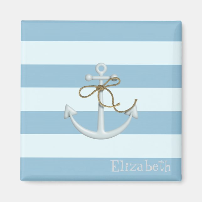 Adorable Nautical Anchor on Light Blue  Stripes Magnet (Front)