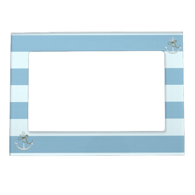Adorable Nautical Anchor on Light Blue  Stripes Magnetic Frame (Front)