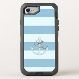 Adorable Nautical Anchor on Light Blue  Stripes OtterBox Defender iPhone SE/8/7 Case