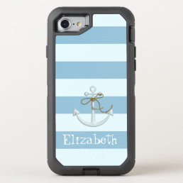 Adorable Nautical Anchor on Light Blue  Stripes OtterBox Defender iPhone SE/8/7 Case