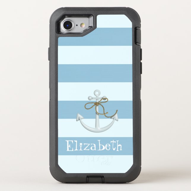 Adorable Nautical Anchor on Light Blue  Stripes Otterbox iPhone Case (Back)
