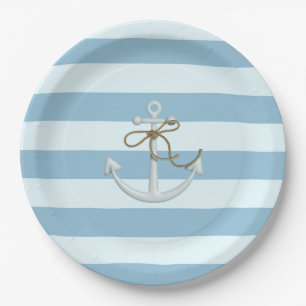 Adorable Nautical Anchor on Light Blue Stripes Paper Plates