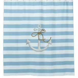 Adorable Nautical Anchor on Light Blue Stripes Shower Curtain