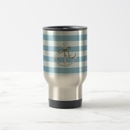 Adorable Nautical Anchor on Light Blue  Stripes Travel Mug