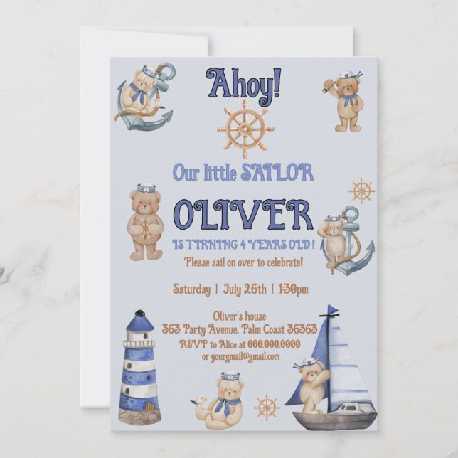 Adorable Nautical Blue Boat Teddy Bear birthday  Invitation (Front)